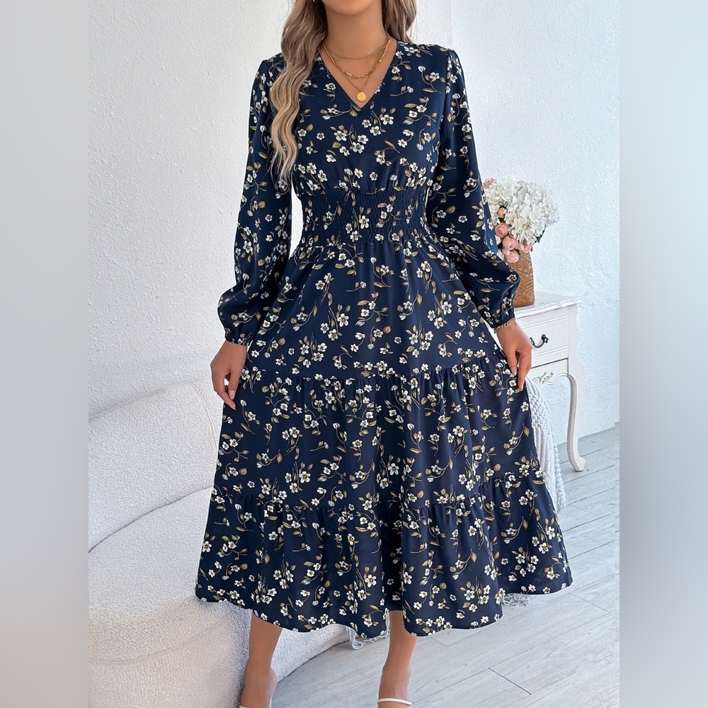 Floral Print Long Sleeve V-Neck Midi Dress